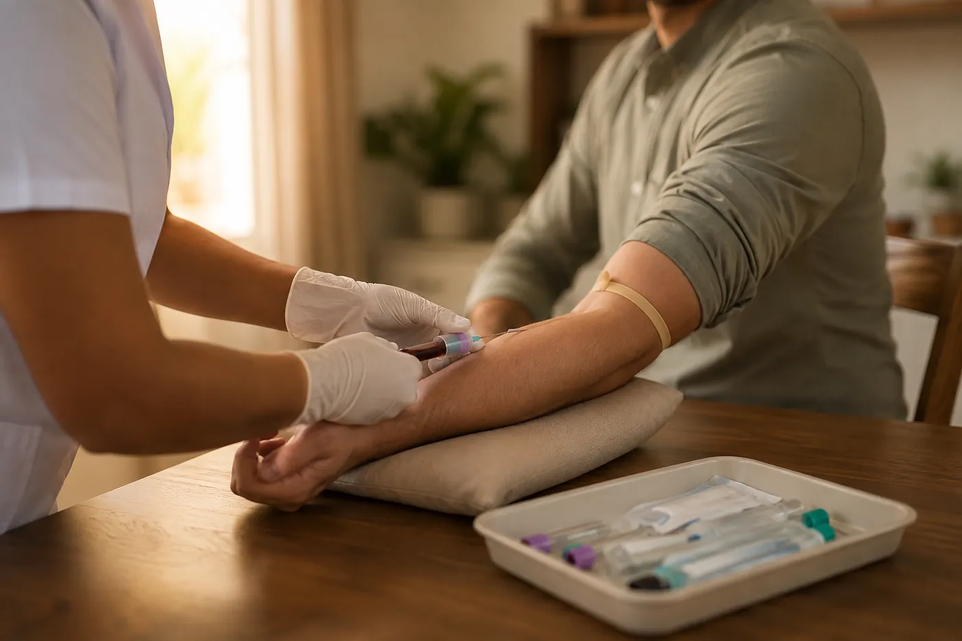 A phlebotomist taking a blood sample at a kitchen table at home