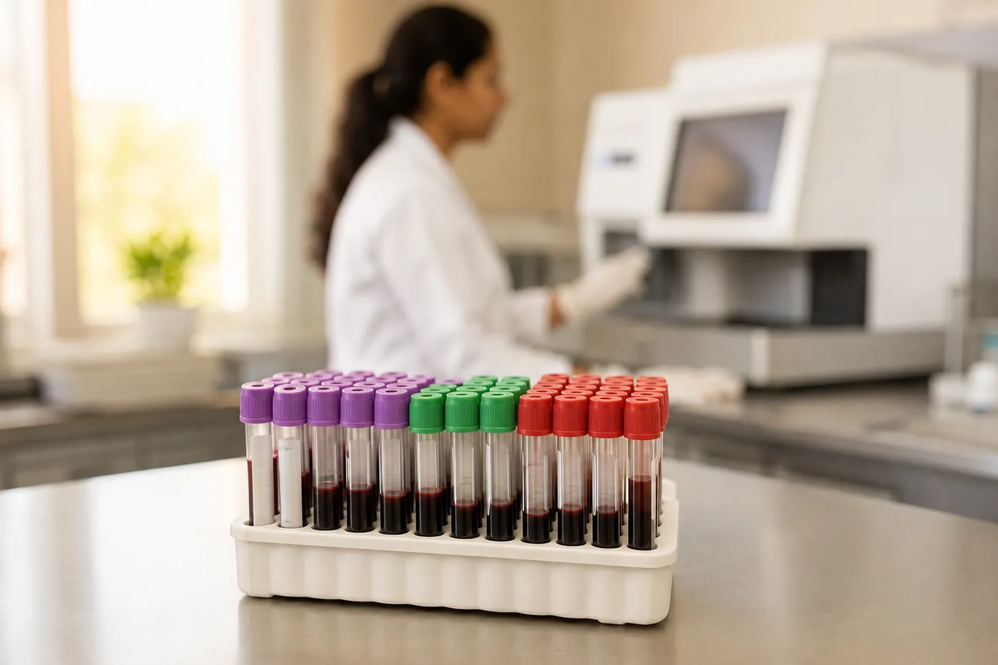 Sealed blood collection tubes on a pathology laboratory bench
