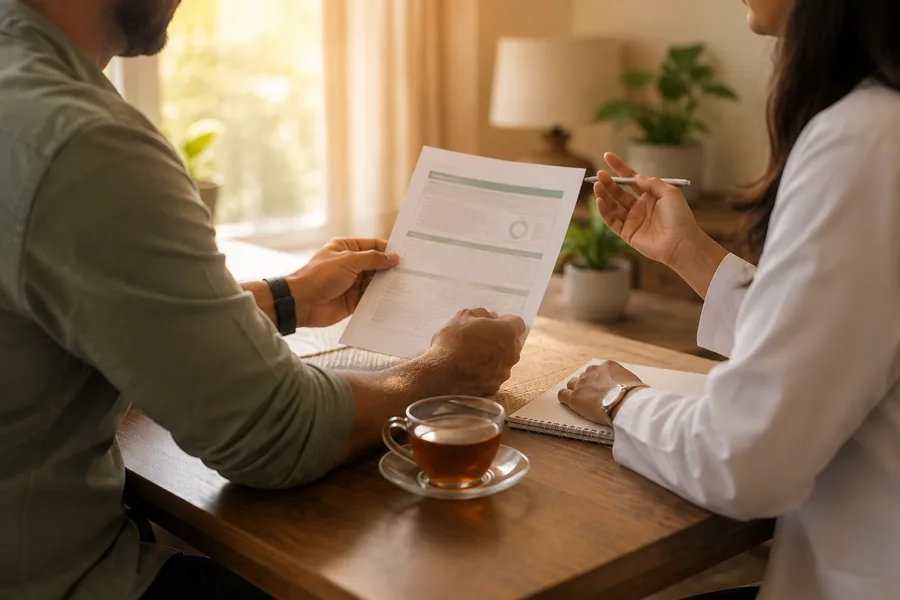 A man reading his printed report while a nutritionist explains it