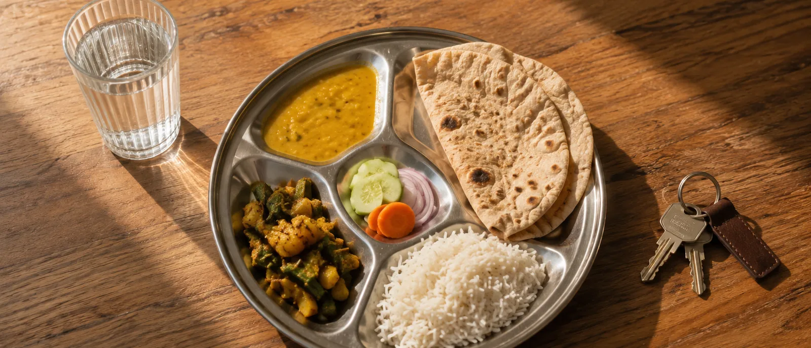 A simple home-cooked Indian meal on a kitchen table