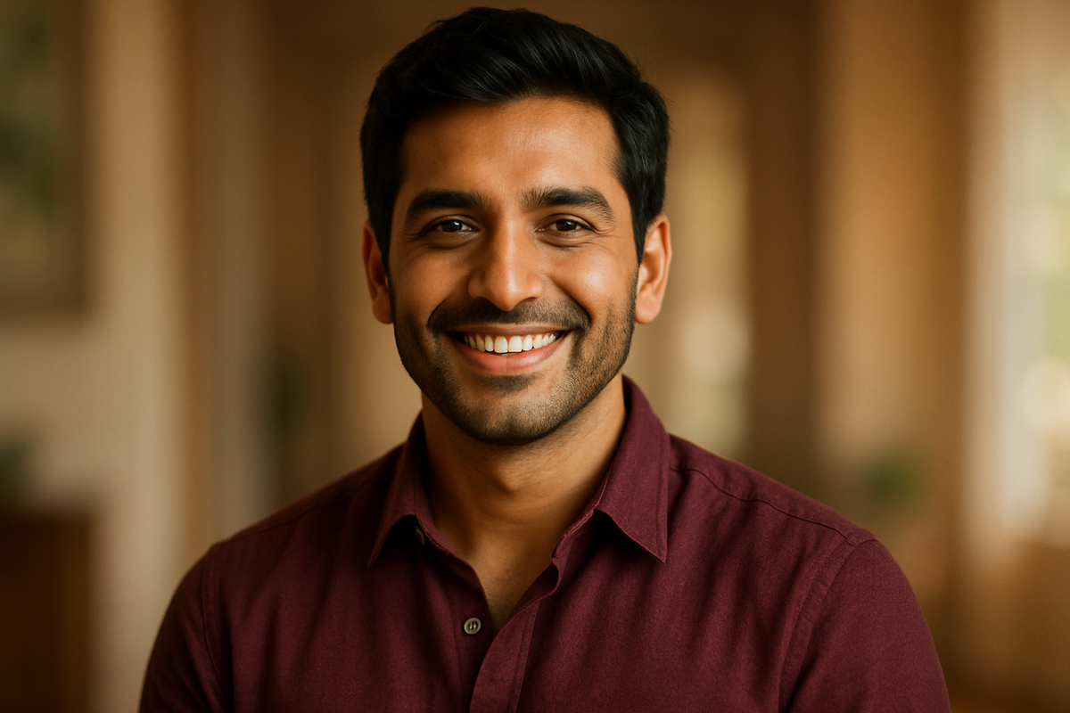 create a realistic image of a good-looking indian man who is 30-35 in age, he feels confident, happy and satisfied with life